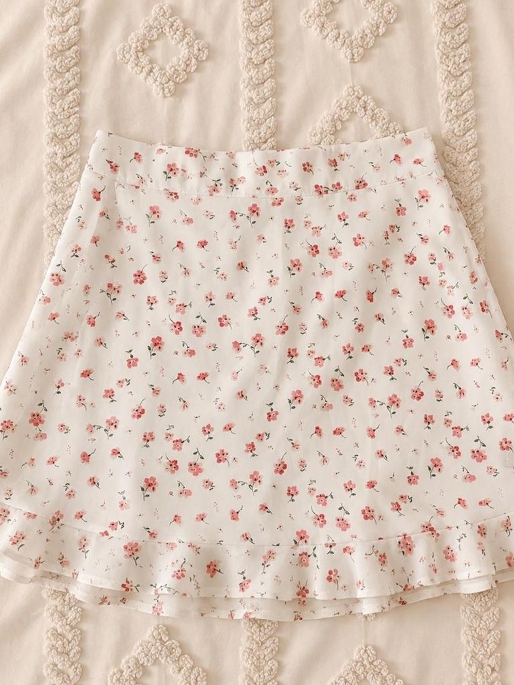 White Floral Ruffle Hem Skirt - Women's A-Line Mini